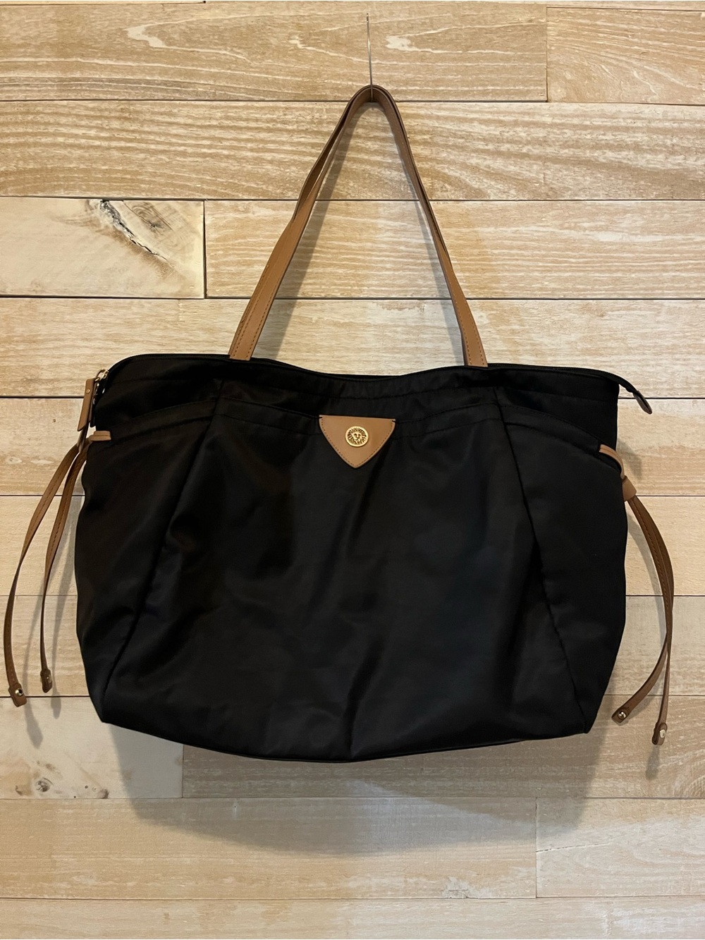 Anne Klein Black Tote with Tan Handles and Trim Travel Vacation Bag